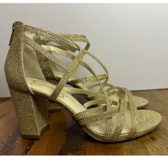 Jessica Simpson Women's Stassey Sandal Gold Glitter Size 7.5 Glam Evening Heels - Picture 2 of 11